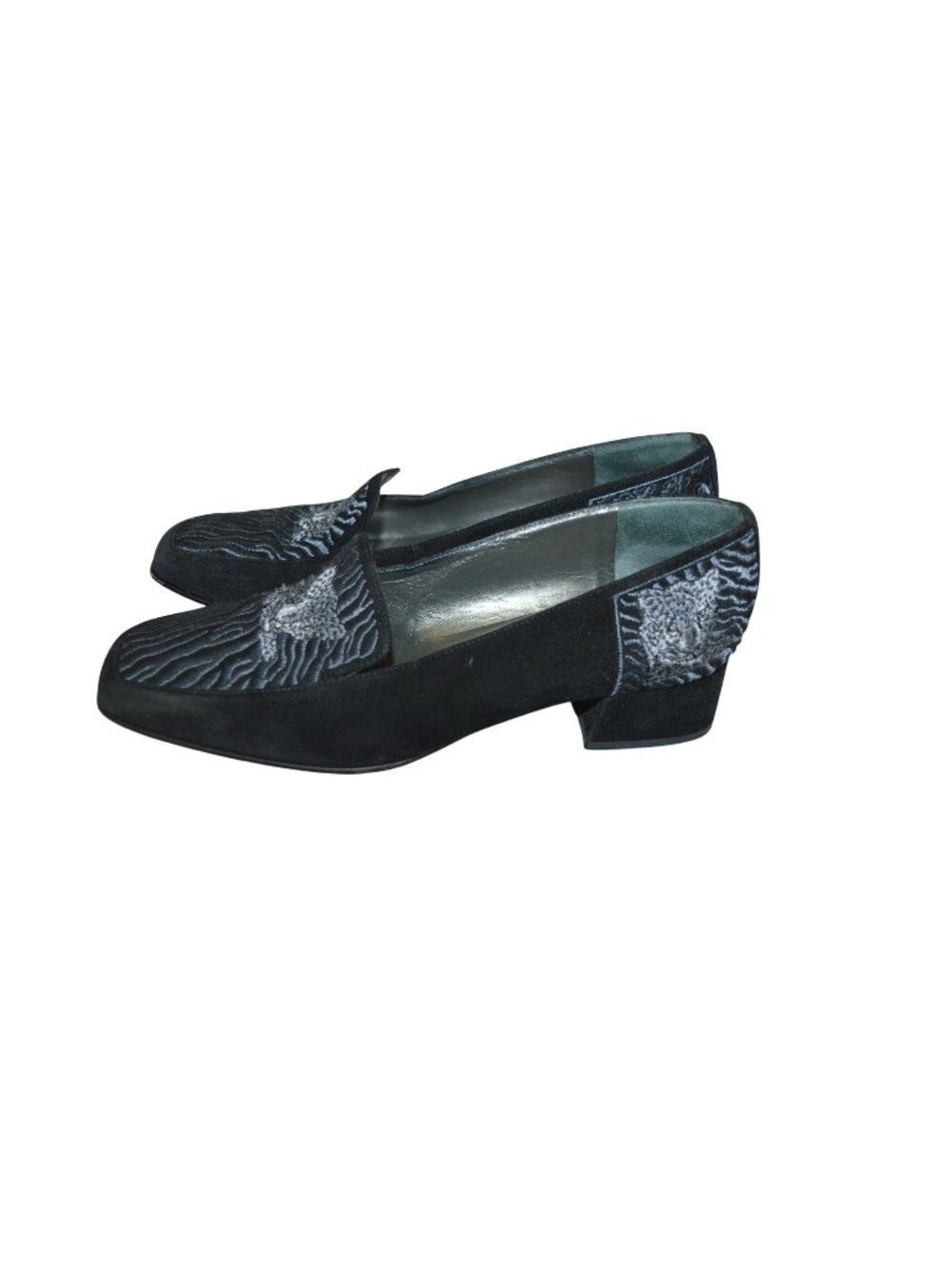 Vintage 90s Sandro Vicari Black Velvet Cheetah Embroidered Loafer Size 6.5